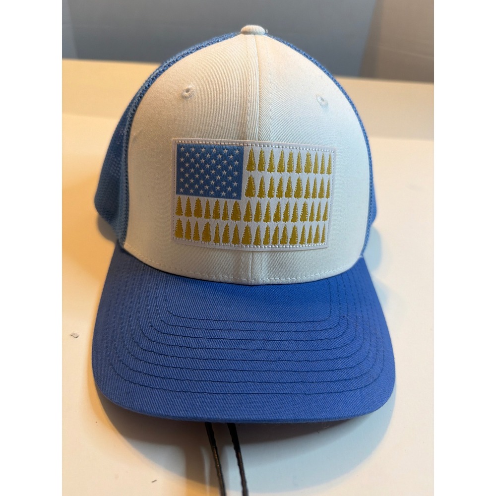 Columbia Mens Flexfit Trucker Hat White Blue American Flag Trees Sz L XL